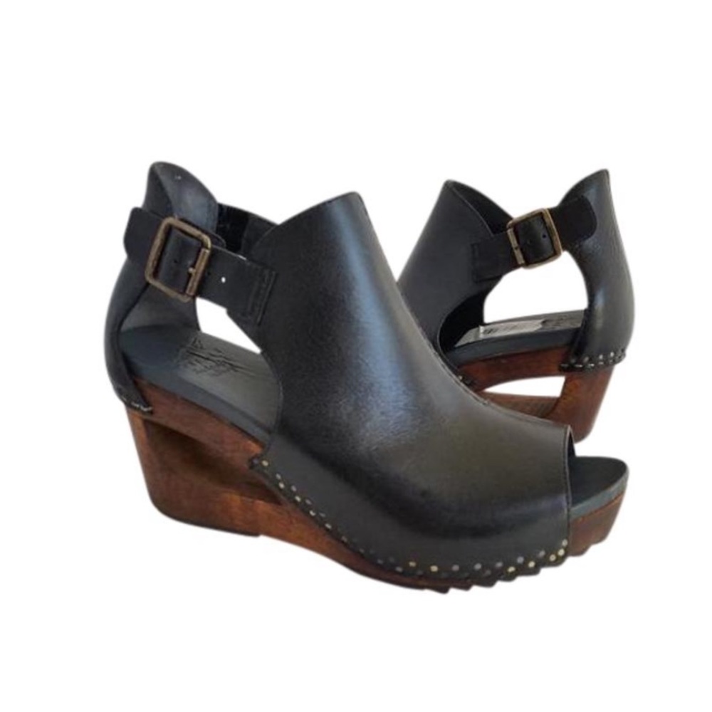 Dansko Black Leather Open-Toe Wedge Sandals